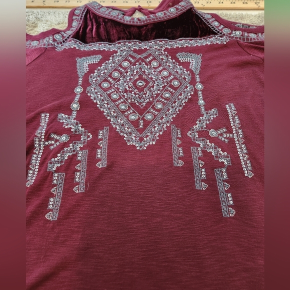Inc Embellished Top with Cold Shoulders - Maroon - Picture 1 of 13